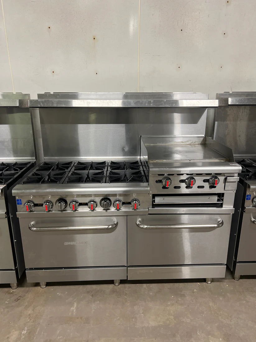 60" 6 Burner Stove with 24" RAISED Griddle & Ovens