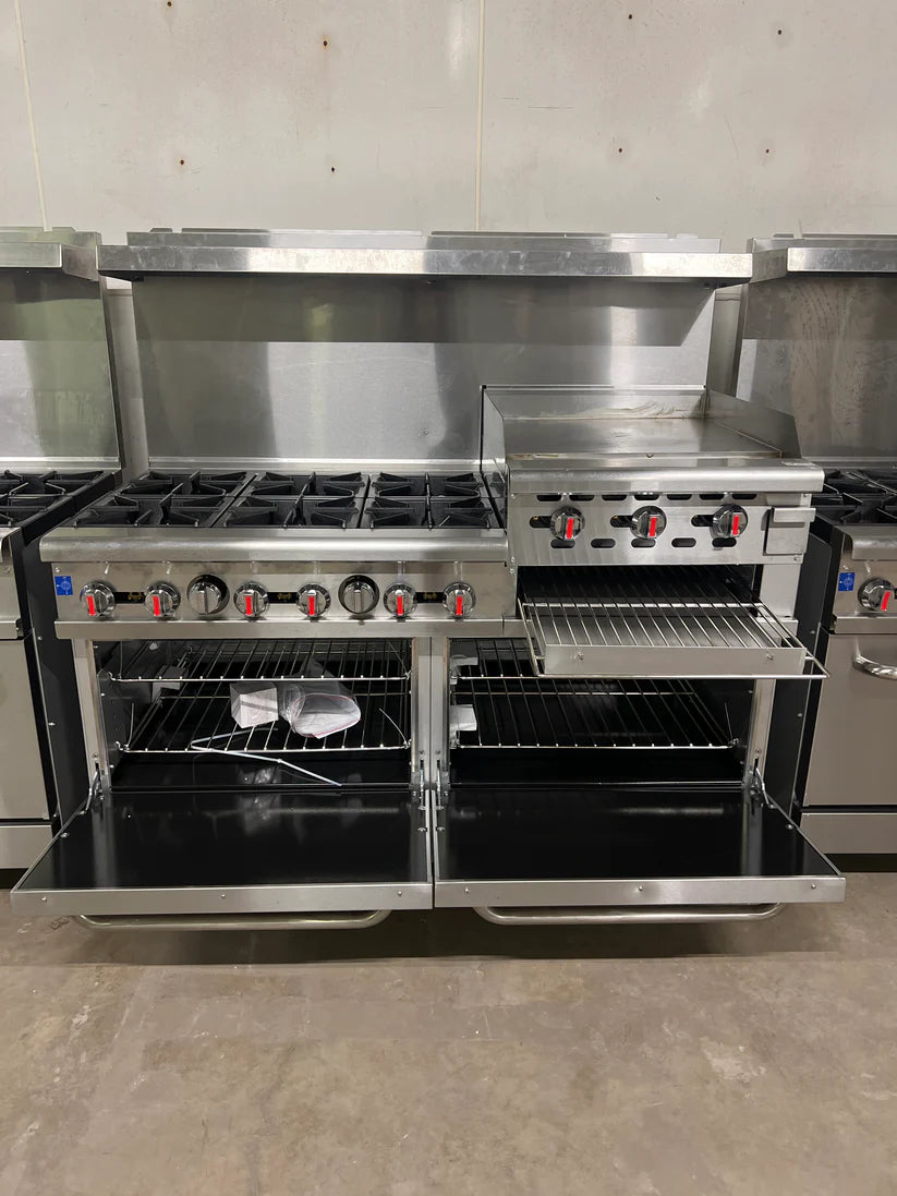 60" 6 Burner Stove with 24" RAISED Griddle & Ovens